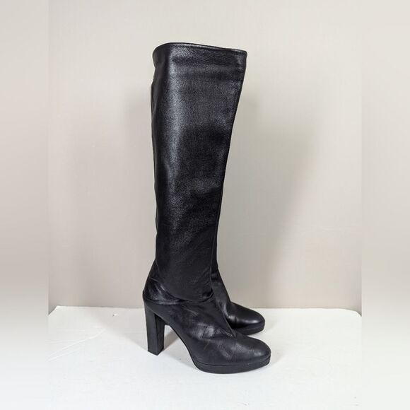 STUART weitzman Black Knee High Leather Boots Platform Heels Size 8 - Picture 1 of 12